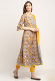 Grey And Yellow Pure Cambric Cotton Jaipuri Floral Printed Kurta Set With Dupatta