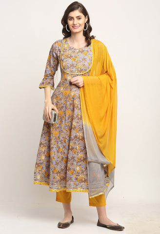 Grey And Yellow Pure Cambric Cotton Jaipuri Floral Printed Kurta Set With Dupatta