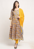 Grey And Yellow Pure Cambric Cotton Jaipuri Floral Printed Kurta Set With Dupatta