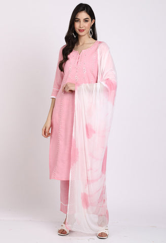 Pink Pure Cambric Cotton Embroidered Kurta Set With Dupatta