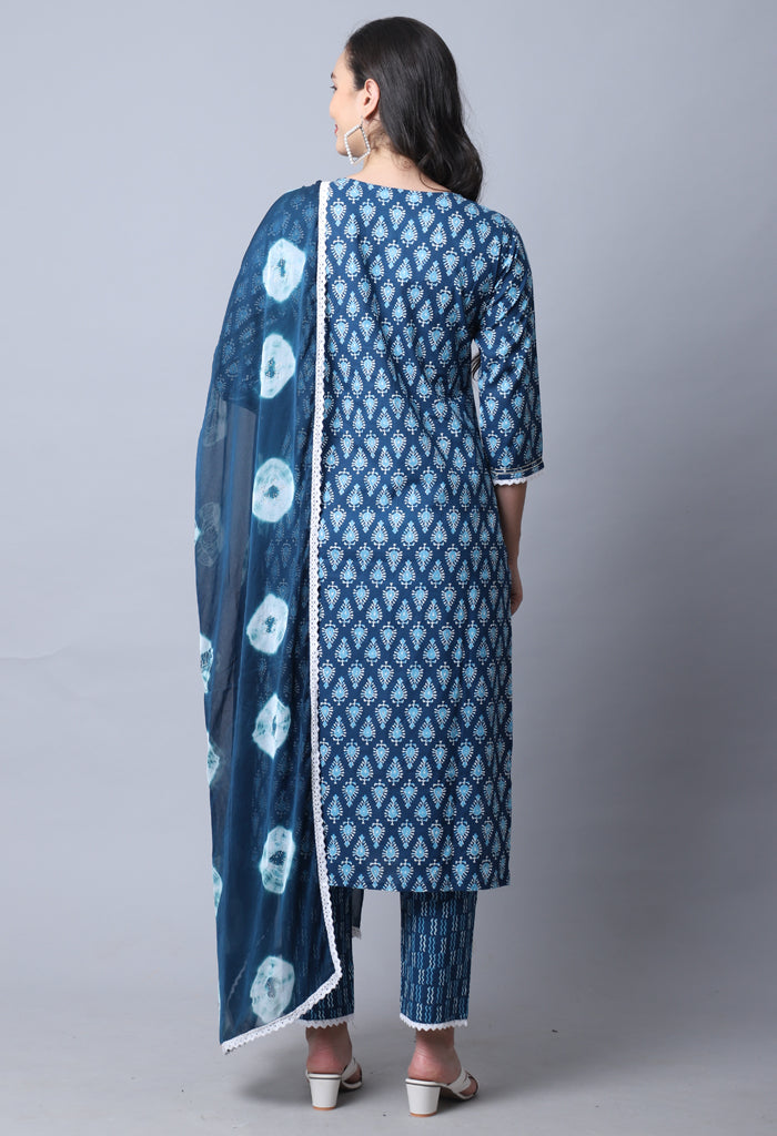 Blue Pure Cambric Cotton Floral Embroidered Kurta Set With Dupatta