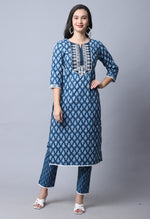 Load image into Gallery viewer, Blue Pure Cambric Cotton Floral Embroidered Kurta Set With Dupatta