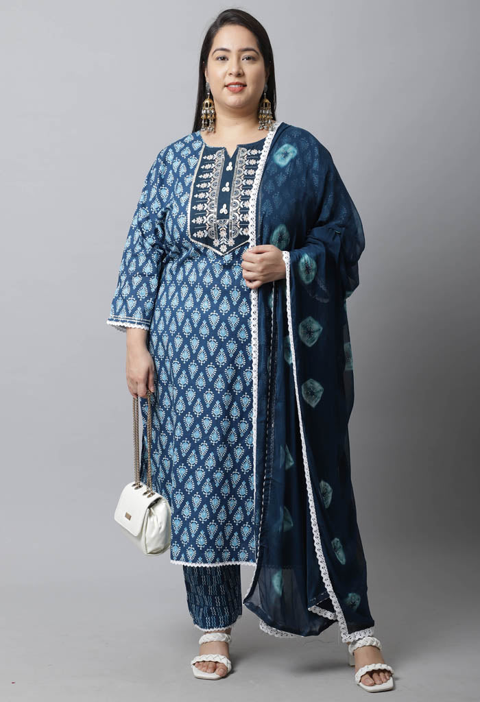 Pure Cambric Cotton Embroidered Plus Size Kurta Set With Dupatta