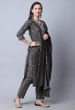 Load image into Gallery viewer, Grey  Muslin Jaipuri Embroidered Kurta Set With Dupatta
