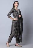 Grey  Muslin Jaipuri Embroidered Kurta Set With Dupatta