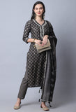 Grey  Muslin Jaipuri Embroidered Kurta Set With Dupatta