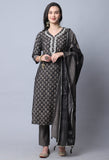 Grey  Muslin Jaipuri Embroidered Kurta Set With Dupatta