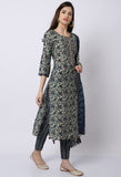 Navy Blue & Beige Muslin Printed Kurta Set With Dupatta