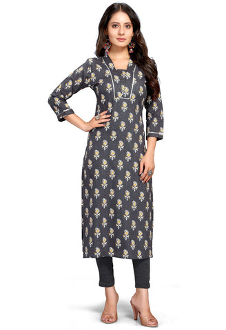 Grey Pure Cambric Cotton Jaipuri Printed Kurti