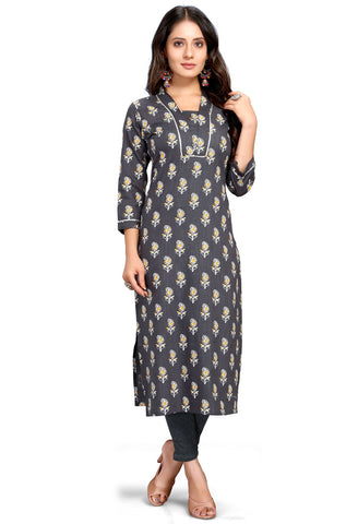 Grey Pure Cambric Cotton Jaipuri Printed Kurti