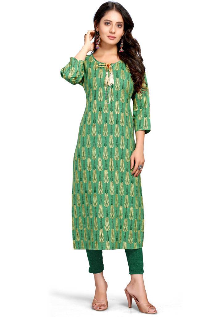 Green Pure Cambric Cotton Jaipuri Printed Kurti