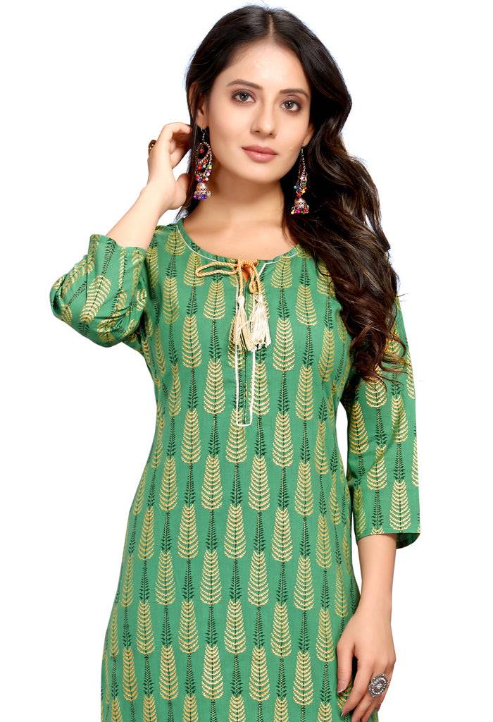 Green Pure Cambric Cotton Jaipuri Printed Kurti