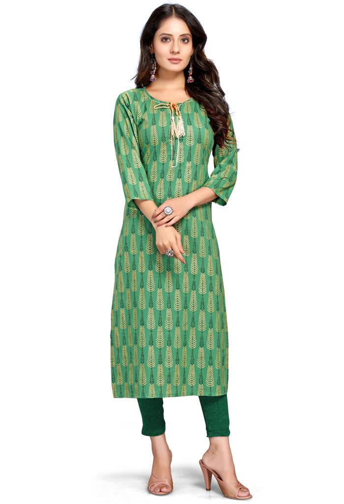 Green Pure Cambric Cotton Jaipuri Printed Kurti