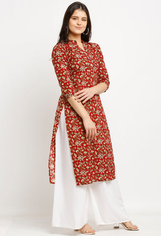 Maroon Pure Cambric Cotton Jaipuri Printed Kurti