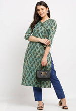 Load image into Gallery viewer, Green Pure Cambric Cotton Jaipuri Printed Angrakha Kurti