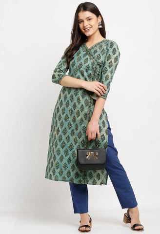 Green Pure Cambric Cotton Jaipuri Printed Angrakha Kurti