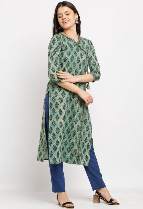Green Pure Cambric Cotton Jaipuri Printed Angrakha Kurti