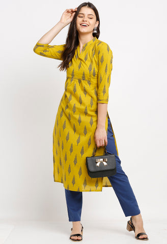 Yellow Pure Cambric Cotton Jaipuri Printed Kurti