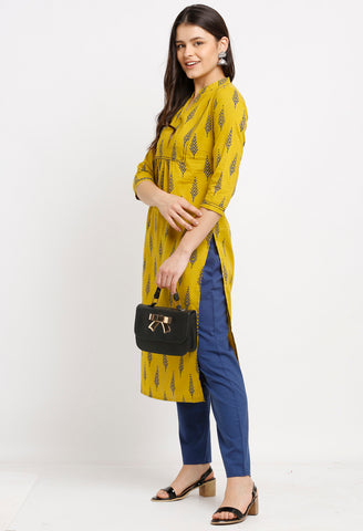 Yellow Pure Cambric Cotton Jaipuri Printed Kurti