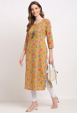 Yellow And Pink Pure Cambric Cotton Jaipuri Floral Printed Kurti