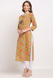 Yellow And Pink Pure Cambric Cotton Jaipuri Floral Printed Kurti