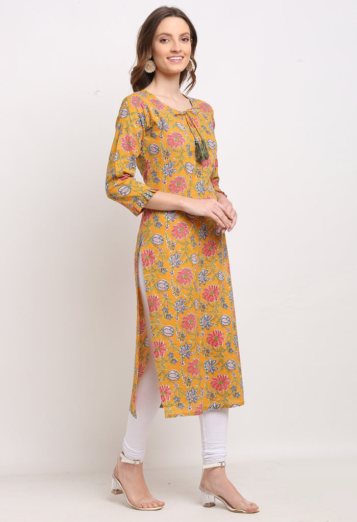 Yellow And Pink Pure Cambric Cotton Jaipuri Floral Printed Kurti