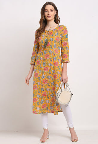 Yellow And Pink Pure Cambric Cotton Jaipuri Floral Printed Kurti