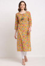 Load image into Gallery viewer, Yellow And Pink Pure Cambric Cotton Jaipuri Floral Printed Kurti