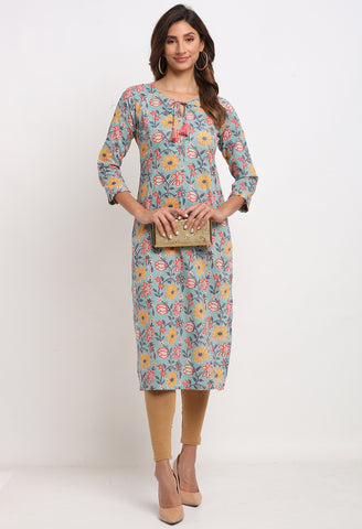 Grey And Yellow Pure Cambric Cotton Jaipuri Floral Printed Kurti