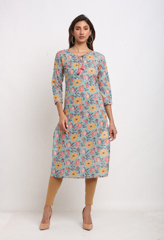 Grey And Yellow Pure Cambric Cotton Jaipuri Floral Printed Kurti