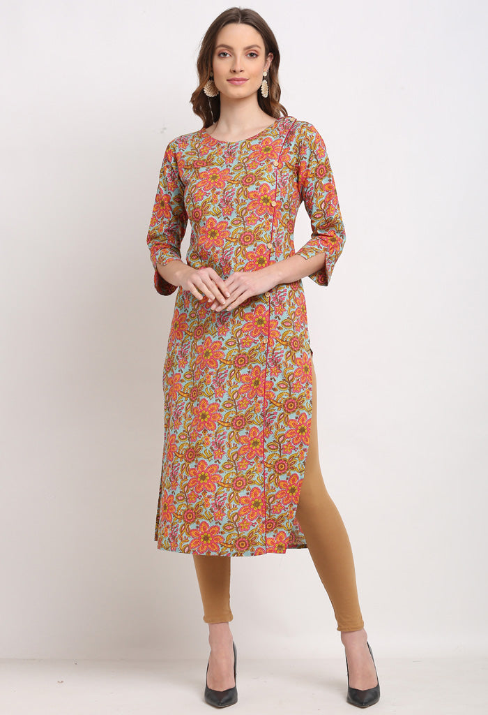 Sky Blue And Pink Pure Cambric Cotton Jaipuri Floral Printed Kurti