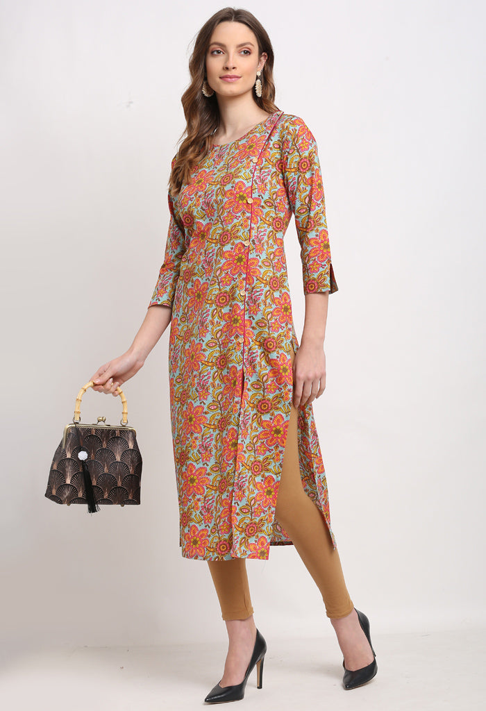 Sky Blue And Pink Pure Cambric Cotton Jaipuri Floral Printed Kurti