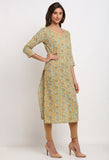 Light Green And Blue Pure Cambric Cotton Jaipuri Floral Printed Kurti