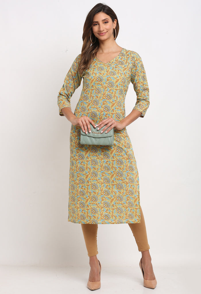 Light Green And Blue Pure Cambric Cotton Jaipuri Floral Printed Kurti