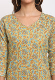 Light Green And Blue Pure Cambric Cotton Jaipuri Floral Printed Kurti