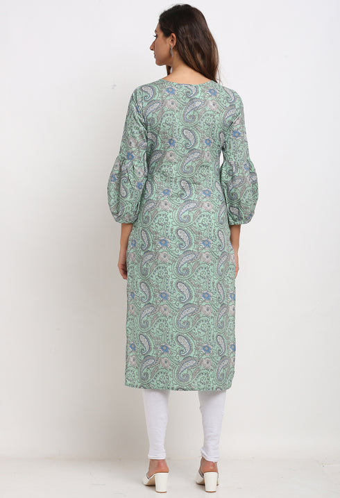 Turquoise green Pure Cambric Cotton Jaipuri Floral Printed Kurti