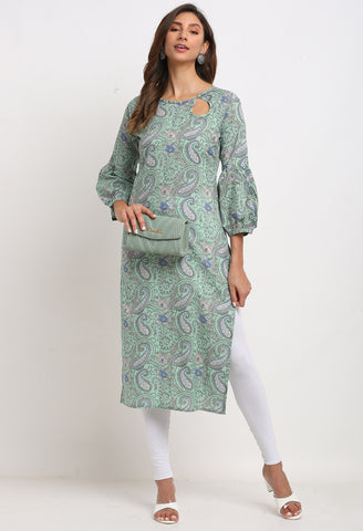 Turquoise green Pure Cambric Cotton Jaipuri Floral Printed Kurti