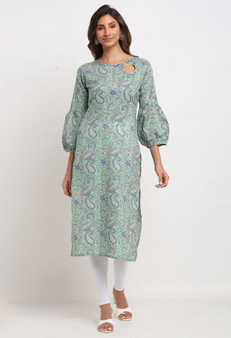 Turquoise green Pure Cambric Cotton Jaipuri Floral Printed Kurti