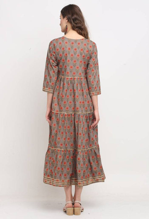 Grey And Orange Pure Cambric Cotton Jaipuri Floral Printed Kurti
