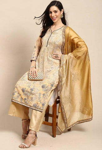 Golden Beige Pure Muslin Embroidered Salwar Suit Material