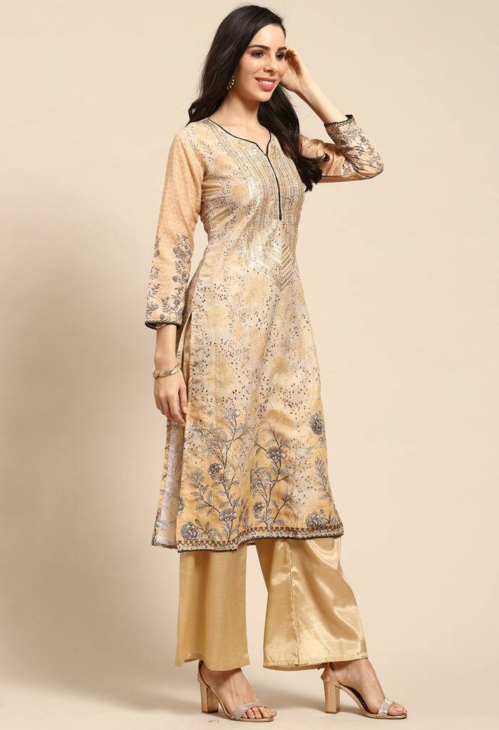 Golden Beige Pure Muslin Embroidered Salwar Suit Material