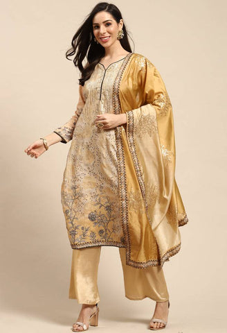 Golden Beige Pure Muslin Embroidered Salwar Suit Material