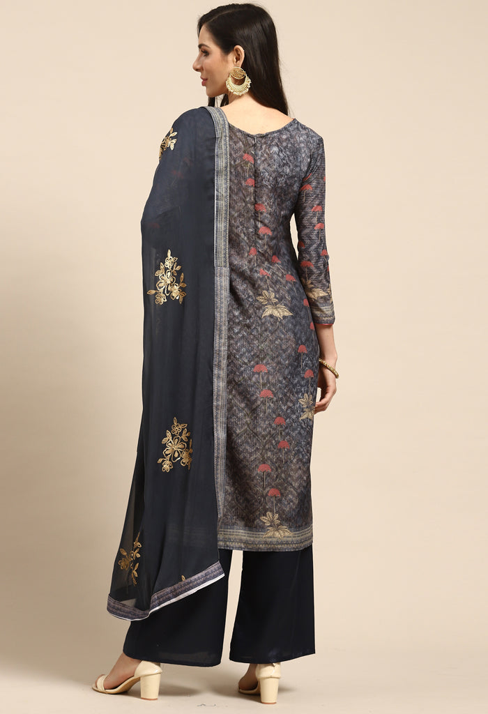 Grey Pure Muslin Embroidered Salwar Suit Material