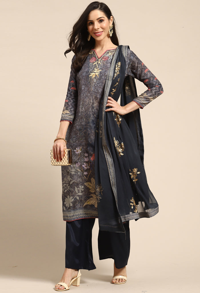 Grey Pure Muslin Embroidered Salwar Suit Material