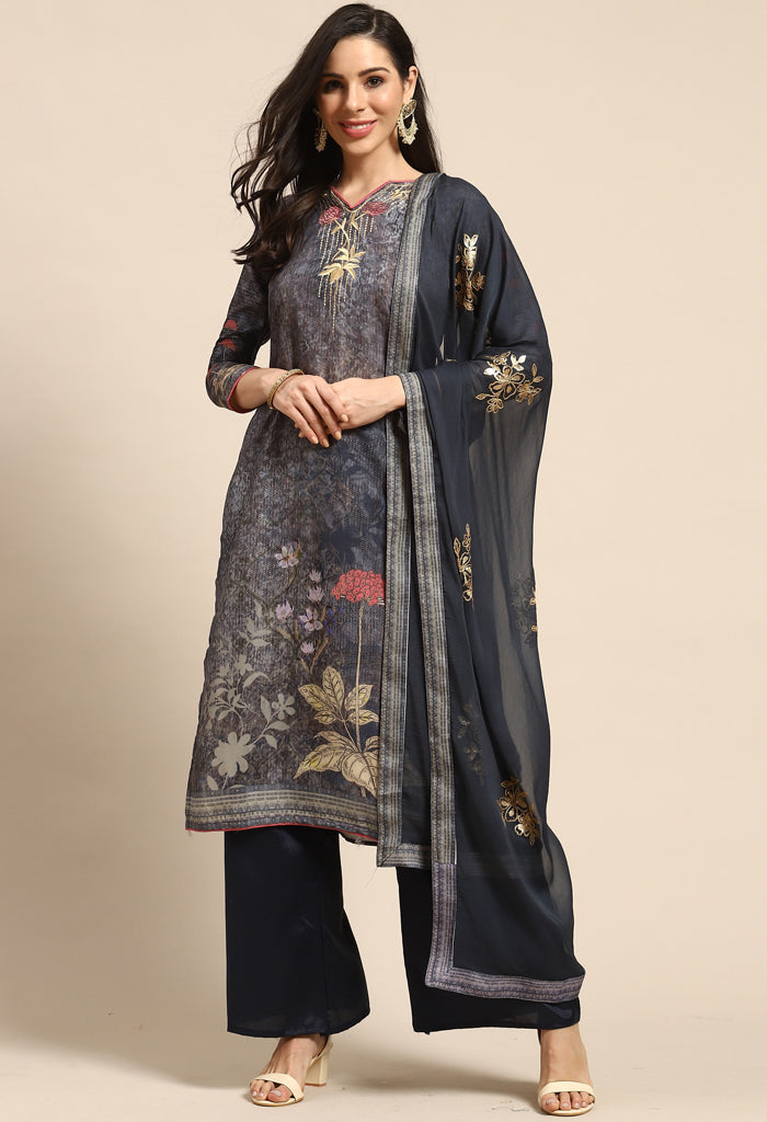 Grey Pure Muslin Embroidered Salwar Suit Material