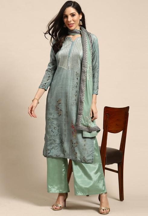 Olive Pure Muslin Embroidered Salwar Suit Material