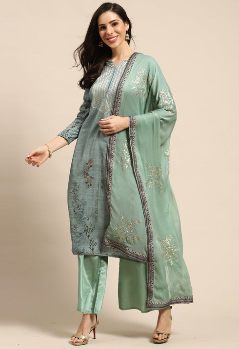Olive Pure Muslin Embroidered Salwar Suit Material