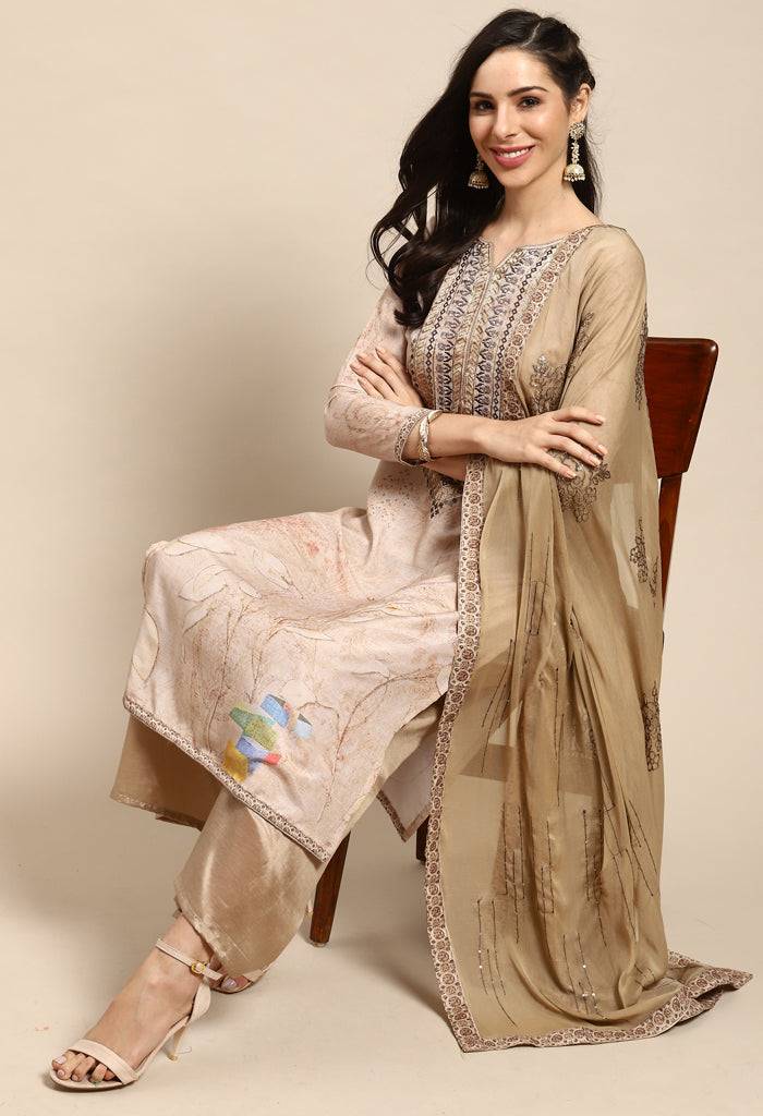 Beige Pure Muslin Embroidered Salwar Suit Material
