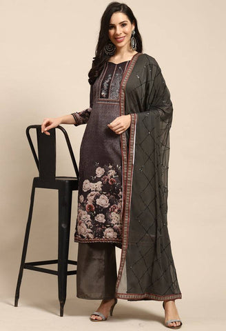 Charcoal Grey Pure Muslin Embroidered Salwar Suit Material