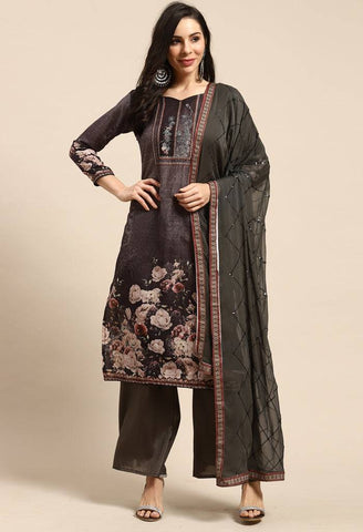 Charcoal Grey Pure Muslin Embroidered Salwar Suit Material